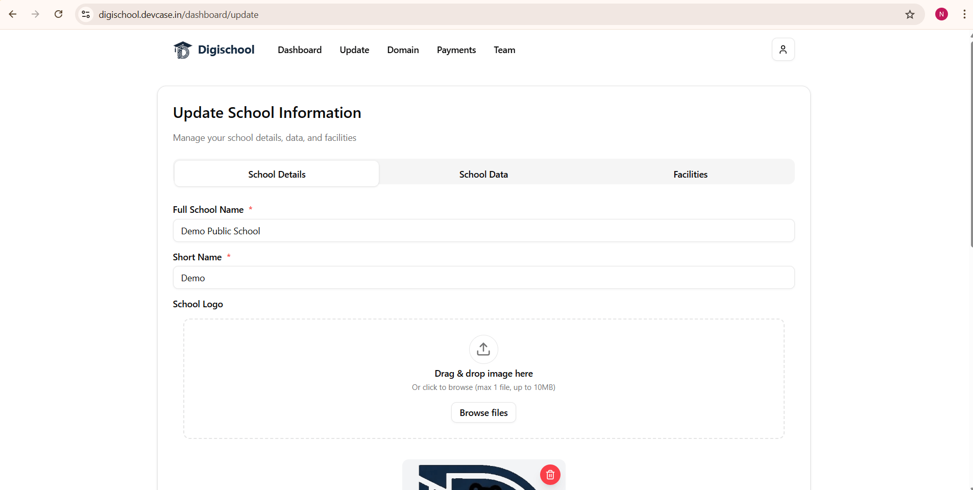 Update School Information panel